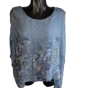Elena Baldi Blue 100% Italian Silk Batwing Sleeve Blouse Size M